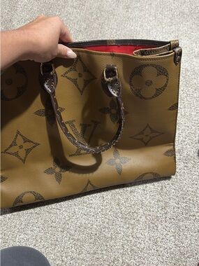 Designer Monogram Tote in Tan with Red Interior